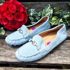 Coach Driver Flats Suede Leather Moccasin Turnbuckle Pastel Blue